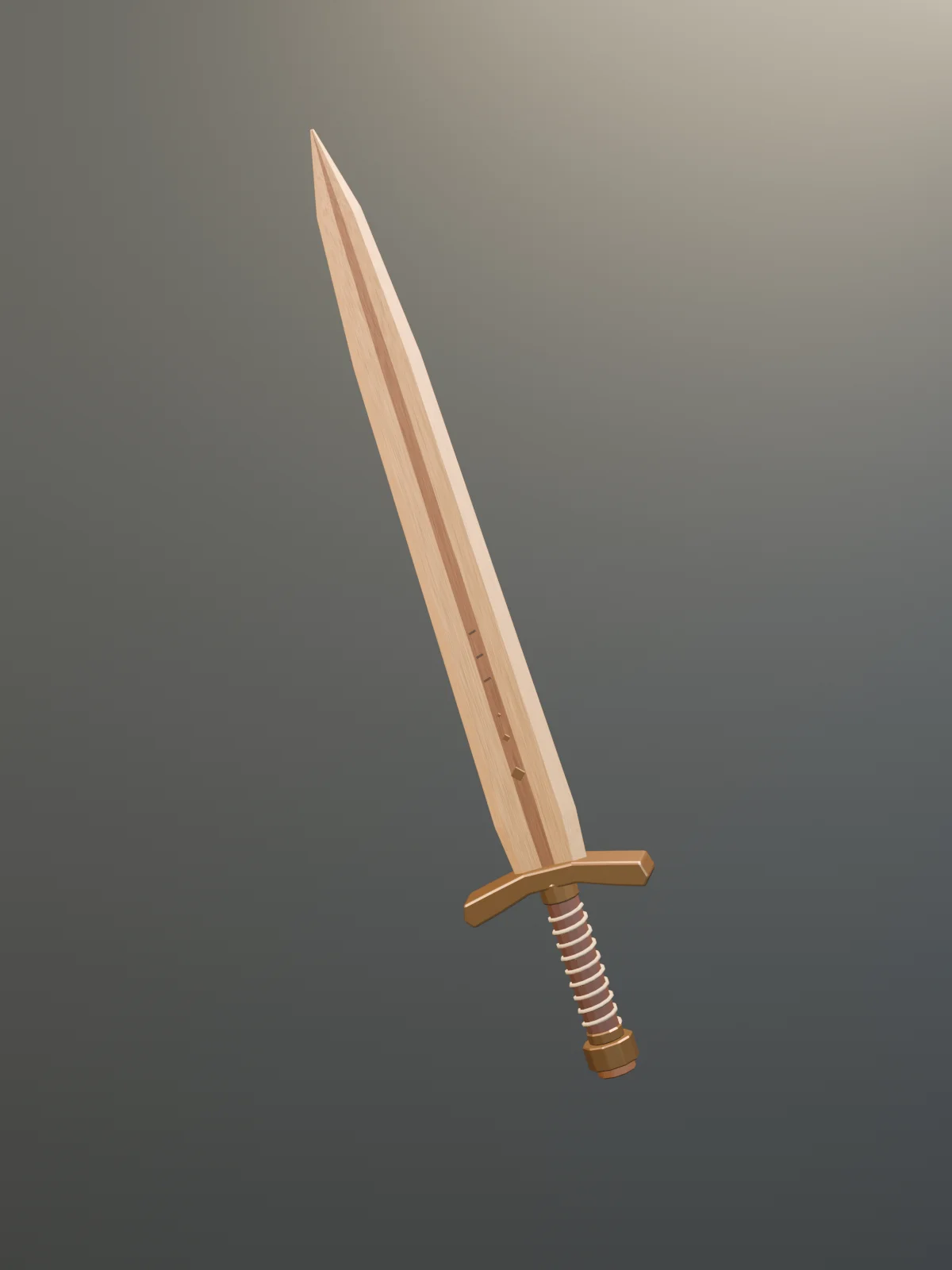 The real prototype practice sword: a carved wooden blade, bronze guard, and spiral-wrapped grip.